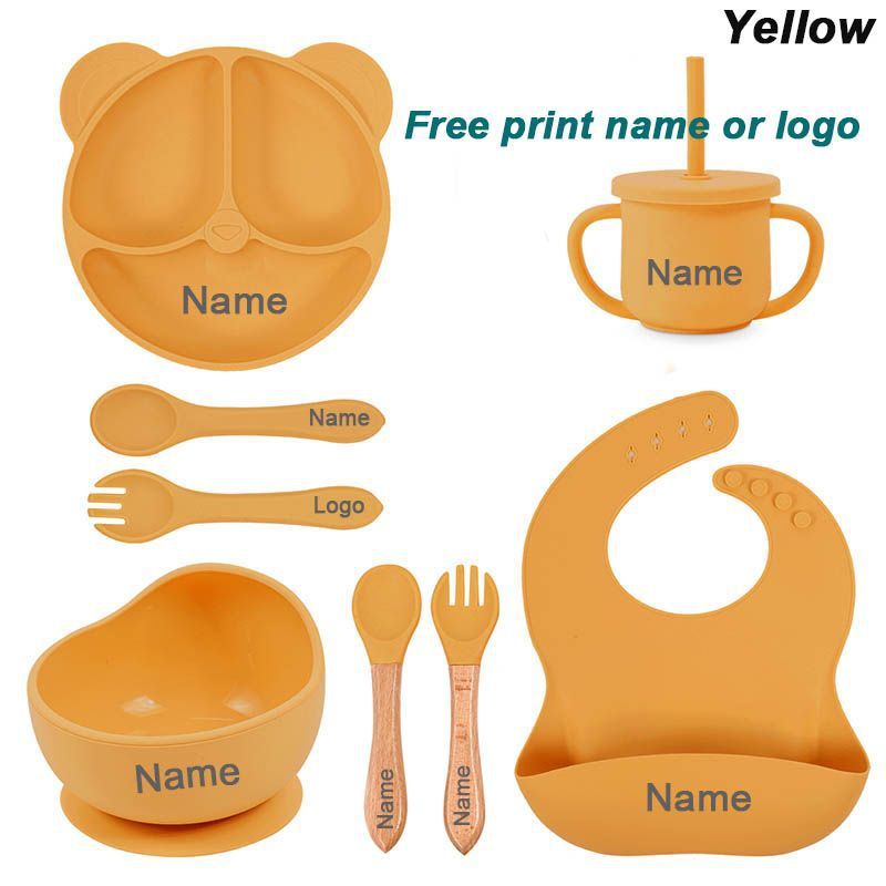 Set repas bébé en silicone ventousé – assiette, bol, couverts – personnalisable