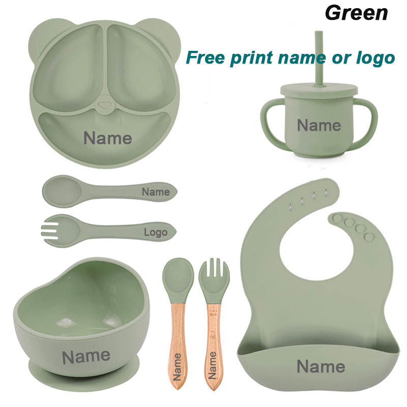 Set repas bébé en silicone ventousé – assiette, bol, couverts – personnalisable