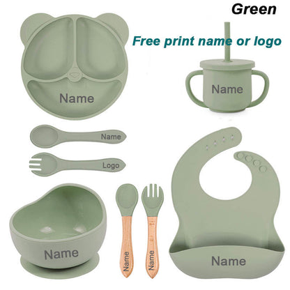 Set repas bébé en silicone ventousé – assiette, bol, couverts – personnalisable
