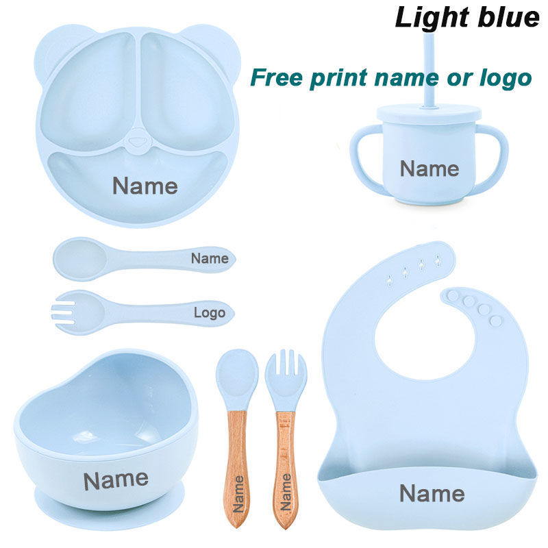 Set repas bébé en silicone ventousé – assiette, bol, couverts – personnalisable